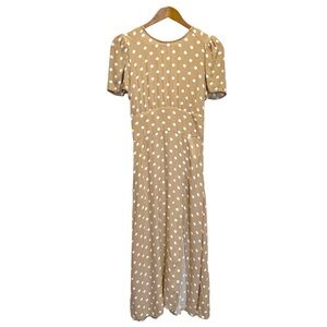AFRM Maxi Dress Polka Dot Tan White Size Medium Vintage Style Leg Slit